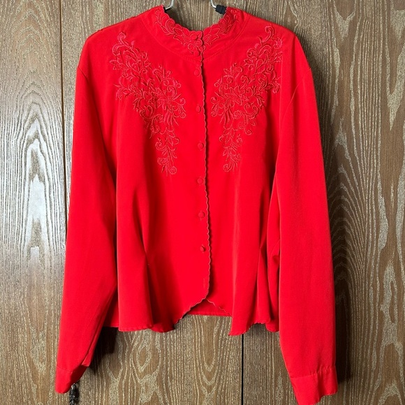 Linda Karen Tops - 80s Red Floral Embroidered Blouse Crimson Red Silky Secretary Top Button Down